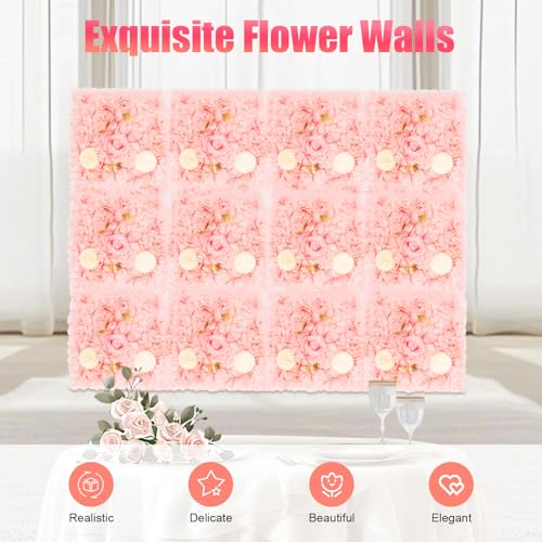 12Pcs Artificial Flower Wall Panel 15" X 15" Flower Wall Decor Backdrop Panels Floral Backdrop Wall Faux Flower Panel for Home Party Wedding Photo Backgdrop Decor (Pink, Champagne) - color: Pink, Champagne
