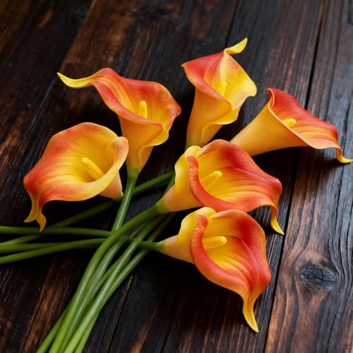 Sunset Calla Lily 4Pcs Artificial Flowers Bouquet for Wedding Bride Shower Blessing Gift Home Decoration Faux Calla Lilies Flower - color: Sunset