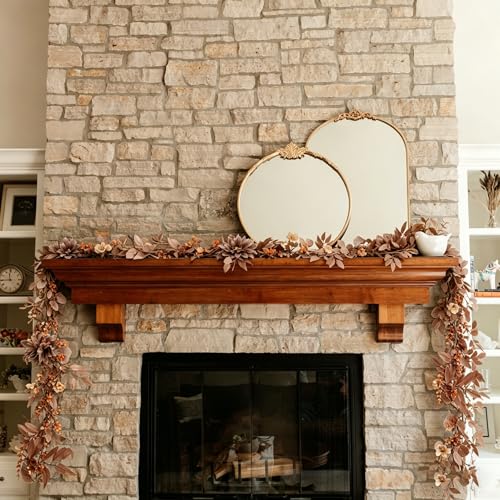 CQURE 2Pack Eucalyptus Garland,Artificial Eucalyptus Leaves Flowers Table Greenery Garland Wreath Vines for Wedding Party Fireplace Bedroom Room Decor - size: 17.7 Ft with Flowers-Brown