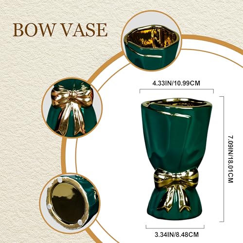 Green Ceramic Vases Home Decor, Modern Bow Vase for Flower - 7 Inch Small Decorative Vase for Bathroom, Shelf, Window Sill, End Table Decor, Dresser Centerpieces - color: Dark Green, size: 7 inch