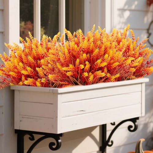 12 Bundles Artificial Fall Lavender Flowers for Outdoors UV Resistant Fake Monkey Grass with Flowers, No Fade Fake Mums Faux Plastic Shrubs Plants for Porch Garden Planters Window Box Decor, Orange - color: Orange, size: 12 Bundles
