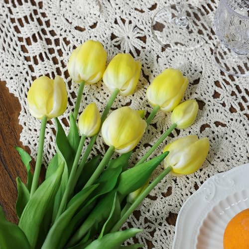 mizii 15Pcs Yellow Tulips Artificial Flowers Latex Plastic Real Touch Fake Tulips Flowers Look Real Faux Tulip Flower Bouquet Decoration for Vase Room Table Centerpieces Home Decor (Yellow) - color: Yellow
