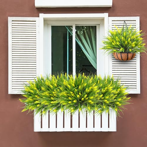 Sggvecsy 24 Bundles Artificial Plants Outdoor Faux Lavender Flowers Fake Monkey Grass UV Resistant Plastic Greenery Plants for Garden Home Porch Window Patio Hanging Planter Indoor Decor (Yellow) - color: Yellow, size: 24pcs