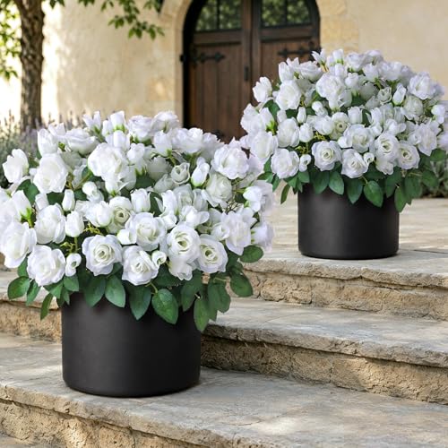 Juxdp 2 Set of Artificial Rose Topiary Trees - Faux Silk Flower Potted Plant, UV Resistant Fake Outdoor Rose Bush for Front Door, Farmhouse, Porch, Garden Decor (White) - color: White