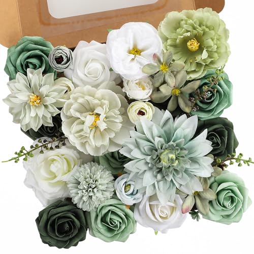 Garisey Artificial Flowers Combo, Mix Silk Flowers Roses, Peonies, Dahlias with Stems for DIY Wedding Bridal Bouquet, Baby Shower, Table Centerpieces, Home Decor, Fake Floral Arrangements-Forest Green - color: Forest Green