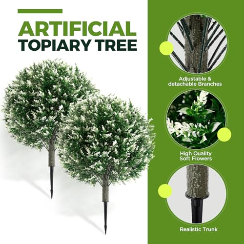 Lunmon 2 Pack 24" Artificial Topiary Ball Plants Trees with Flowers, Outdoor Fake Topiary Plants with Ground Spike, UV Resistant Faux Bushes for Indoor Outdoor Front Door Decor(White,Lavender) - color: White, style: Lavender