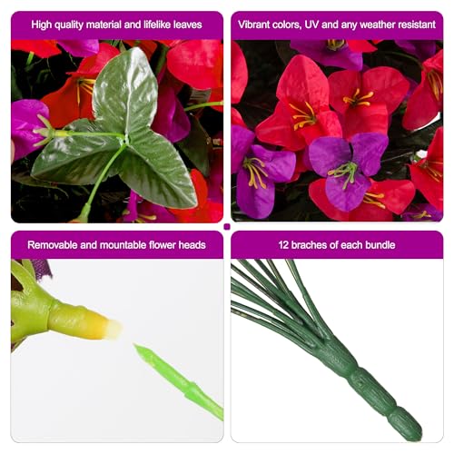 Bougainvillea Artificial Flowers for Outdoors Faux Plants Spring Decor, 4 Bundles Realistic Fake Silk Bougainvillea for Outside UV Resistant Faux Flowers for Outdoor Planters Porch Patio Garden Home - color: Redfuchsia