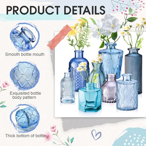 Yaomiao 30 Pcs Vases Bulk Colored Flower Glass Bud Vases Valentine Vintage Colored Glass Bottles Colorful Rustic Embossed for Home Wedding Table Decorations Gifts(Blue Series) - color: Blue Series
