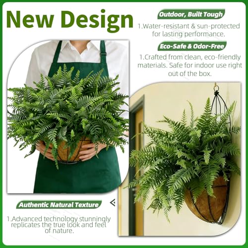 Faux Boston Fern with Hanging Basket – 18in Fake Hanging Fern, Lifelike Artificial Plants for Outdoors, Wall-Mount Décor for Porch, Patio, Balcony, or Garden (2, Green)