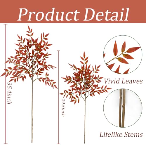 2 Pcs Fake Plants 35.4 Inch Red Fall Stems for Vase Fall Decor, Artificial Plants Indoor Faux Branches for Vase Filler Fake Leaves Office Home Decor - color: Red Nandina, size: 2 Pcs
