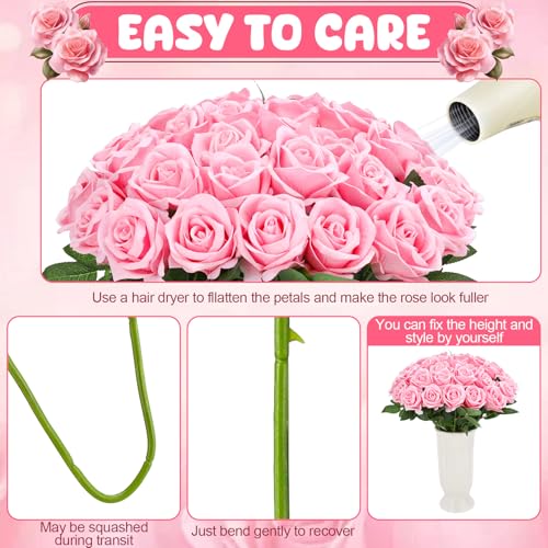 36 Pcs Pink Velvet Texture Soft Artificial Flowers Bridal Bouquet, Real Touch Fake Rose Long Stem Realistic Flowers Bulk for DIY Wedding Ball Arrangement Centerpiece Party Home Decor - color: Pink