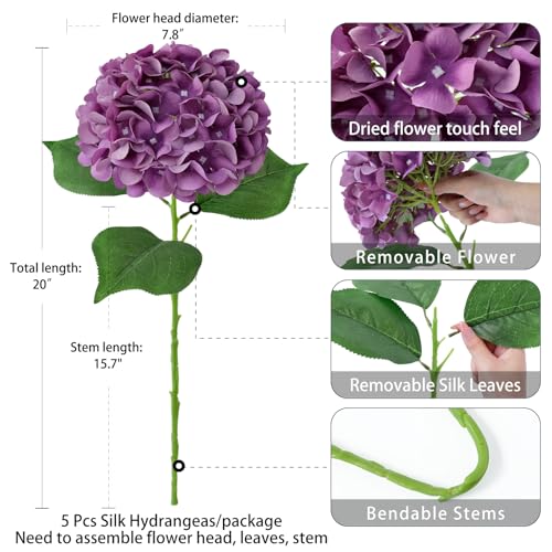 ZYTUYO 5 Pcs Dark Purple Silk Hydrangea Artificial Flowers - Boho Dried Touch 20'' Faux Hydrangeas for Fall Home Decor, Kitchen, Living Room, Porch Wreath, Xmas, Wedding Flower Arrangement - color: Dark Purple