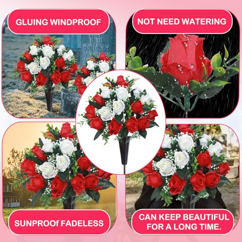 Lodou Set of 2 Artificial Cemetery Flowers, Memorial Flowers Bouquet,Grave Memorial Flowers with Vase for Cemetery Headstones Decoration (Red White) - color: Red White