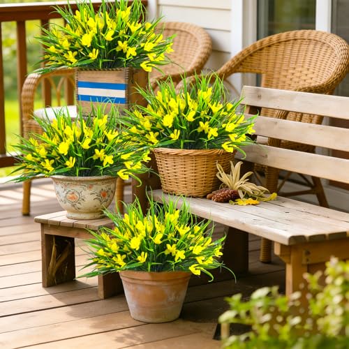 16 Bundles Artificial Plants Flowers for Outdoor Fake Monkey Grass with Flowers for Outside Planter Realistic UV Resistant Faux Plant for Garden Patio Pathway Front Porch (16, Yellow) - color: Yellow