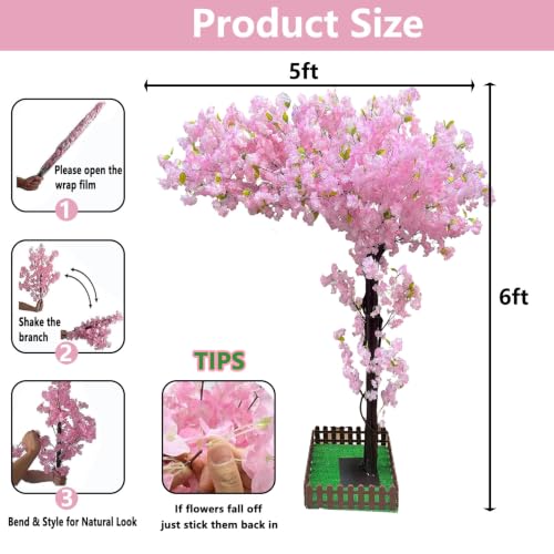 Artificial Cherry Blossom Trees Large,Faux Cherry Blossom Tree Artificial,Fake Cherry Blossom Handmade Tree Indoor Outdoor for Wedding Party Restaurant Park Living Room (Pink, 6ft 0in) - color: Pink, size: 5ft 11in