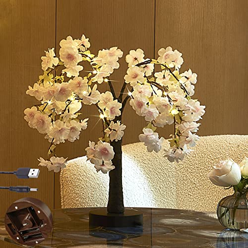 LITBLOOM Lighted Cherry Blossom Tree Pink 18IN 40 LED with Timer Artificial Tabletop Bonsai Tree Lights USB Plug or Battery Operated for Wedding Party Home Birthday Decoration - color: Pink Cherry