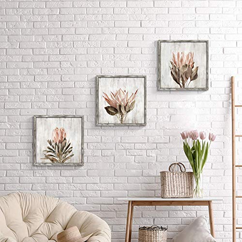 Pink Floral Wall Art Picture: Blossom Protea Flower Artwork Print on Rustic Wood Framed for Home Decor (16” x 16” x 3 Panels) - color: Wood Pink flower, size: 16'' x 16'' x 3 Panels