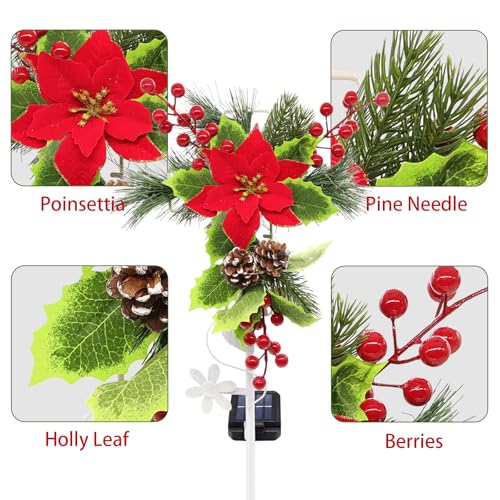4 Pack Solar Christmas Decorations Outdoor, 32 Inch Solar Christmas Cross Stake Lights, Waterproof Grave Decorations with Poinsettia Flower Pinecones Red Berries for Garden Yard Patio Lawn Cemetery - color: Warm White, size: 4 Pack