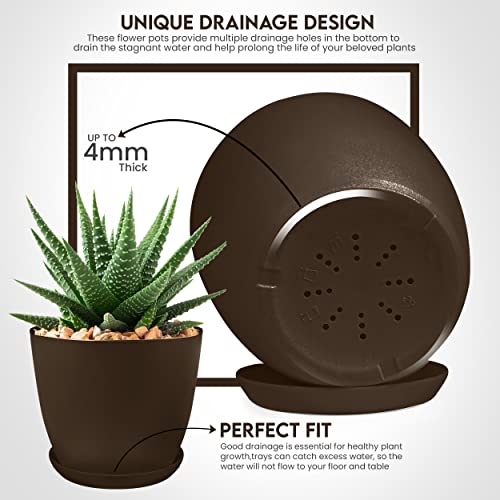 Utopia Home - Plant Pots Indoor with Drainage - 7/6.6/6/5.3/4.8 Inches Garden Flower Pots for Indoor Planter - 5 Pack Brown Plastic Planters - Ideal for Stocking Stuffers or Room, Office Home Decor - color: Brown, size: Pack of 5