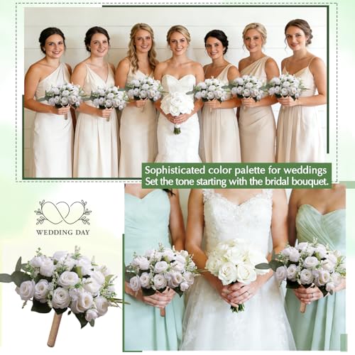 Ivory Bridesmaid Bouquet Set of 6, White Wedding Bouquets for Bridesmaids, 8.5 Inch Wedding Floral Arrangements Flowers Table Centerpieces Decor Artificial Flower Bouquet for Prom Party - color: 6pcs White Rose Bouquet
