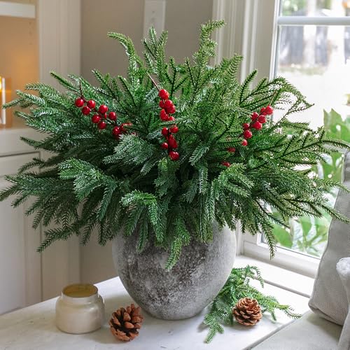 florisso Artificial Faux Christmas Norfolk Pine Stems Branches for Vases,12 Bundles Fake Evergreen Real Touch Greenery Stem with 3 PCS Red Berry Branches for Xmas Holiday Winter Table Indoor Decor - color: Red Berries
