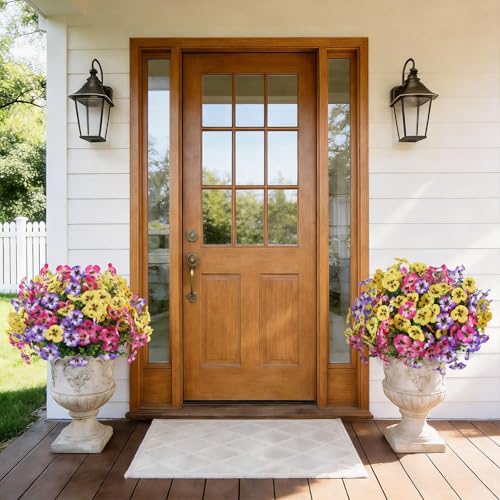 Artificial Pansies Flowers for Outdoor Faux Flower Spring Summer Decor, 12 Bundles Realistic Fake Silk Flowers Outside UV Resistant for Porch Patio Garden Home Window Box Planter Rose Purple Yellow - color: Rose Purple Yellow