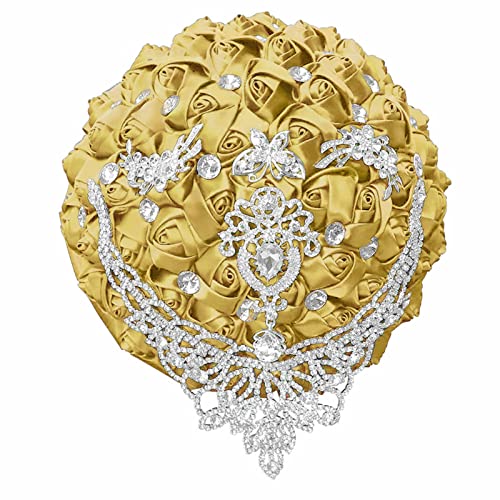 XINNI Brooch Bridal Wedding Bouquet Bride Bridesmaids Satin Rose Flower Bouquet with Bling Drop-Shaped Rhinestone for Wedding Light Golden - color: Lightgolden