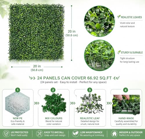 Bybeton 24-Pack 20"x20" Faux Boxwood Panels, Artificial Grass Privacy Fence Screen for Outdoor Indoor, Realistic Hedge for Garden Fence Cover, Greenery Backdrop for Patio Balcony Wall Decor - size: 20*20IN 24Pcs