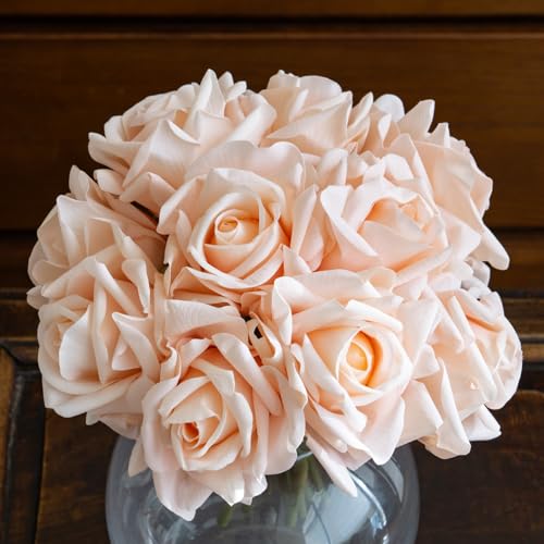 Artificial Roses-10-pcs Soft Touch Fake Flowers with Stems, Realistic Bridal Bouquet & Bulk Home Party Wedding Decor Roses - color: Pink Champagne 10pcs