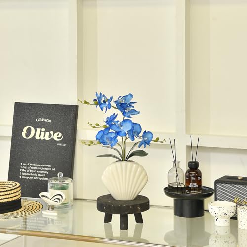 Artificial Phalaenopsis Orchid Plant in Seashell Pot, 16" Fake Orchid Flowers, Silk Faux Orchids for Home Decor, Office, Table Centerpiece, Real Touch Lifelike Indoor House Plant (Blue) - color: Blue
