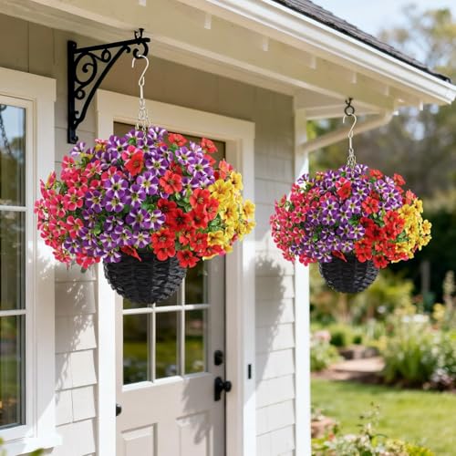 VIERENA 2 Sets Artificial Morning Glory and Eucalyptus Hanging Basket for Outdoor, UV-Resistant Fake Flower Hanging Basket, Suitable for Porch, Aisle, Garden, Patio, Eaves Decor (Mixed Color) - color: Mixed Color