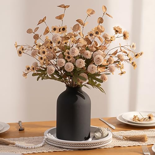 BLOSMON Beige Faux Flowers in Vase: Metal Vase with 12 Stems of Fake Mums Wax Eucalyptuses for Dining Table Centerpiece Decor - Artificial Silk Kiku Pom Poms Wild Farmhouse Floral Arrangements - color: Beige Wax + Kiku