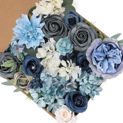 Floweroyal 36 Pcs Artificial Flowers Combo Dusty Blue Flowers Mix Silk Flowers Dahlia Roses with Stems for Wedding Bridal Bouquets, Baby Shower, Floral Arrangement, Table Centerpieces