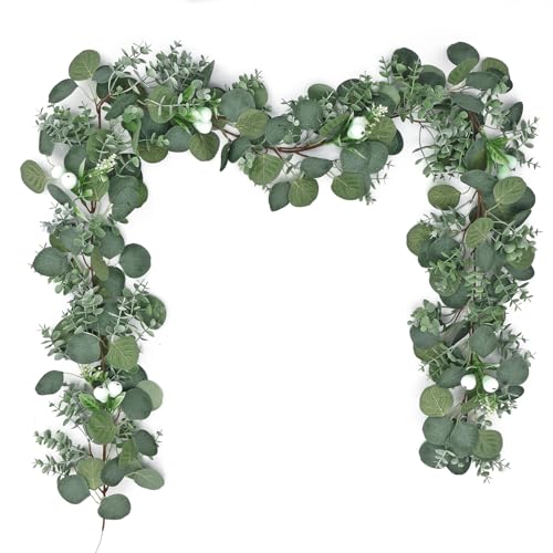 DEMIUKO Artificial Eucalyptus Garland, 5.9FT Long Faux Greenery Garland with Silver Dollar Eucalyptus Leaves Fake Hanging Vines Summer Garlands for Wedding Arch Backdrop Table Wall Party Home Decor - size: 1PCS