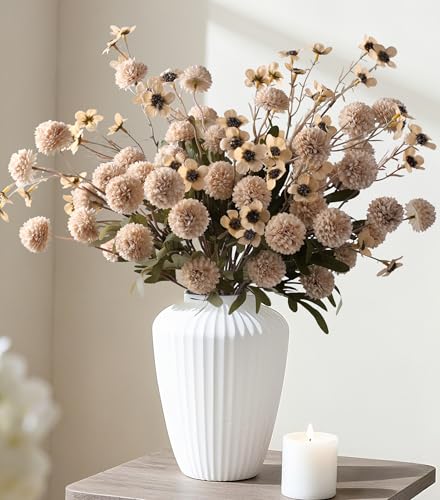 HyeFlora Fake Kiku Flowers, Faux Silk Pompon Mums Artificial Flowers, Chrysanthemum Stems Floral Arrangement Dried Flowers Vintage Decorative Indoor Home Decor Beige with Wax (Vase not Included) - color: 8pcs-beige Wax&kiku