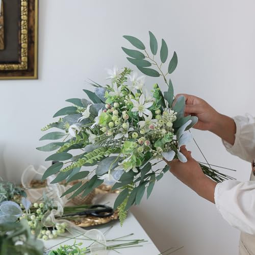 FOTEEWL 70 Pcs Artificial Greenery Stems Box Set,with 8 Kinds of Faux Plants and Fake Flowers for DIY Bridal Bouquets Wedding Floral Arrangement Table Centerpieces Decoration (Sage Green & White) - color: Sage Green & White