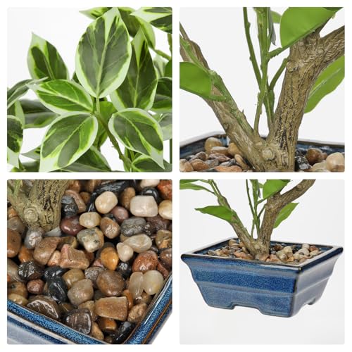 Fake Plants Small Artificial Plants Indoor 15.3" Fake Potted Plants Realistic Faux House Topiary Plants with Blue Ceramic Pot for Home Office Bathroom Kitchen Farmhouse Table Centerpieces Shelf Decor - color: White -Blue Pot