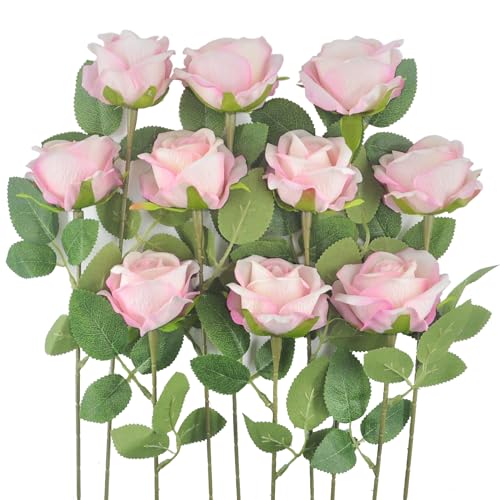 Kenpal Realistic Fake Roses Artificial Flowers with Stem for Decoration Floral Arrangement Centerpieces Wedding Bouquets (10, Pink 2) - color: Pink 2