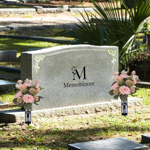 Pink Artificial Flowers for Cemetery : 2 Pcs Peony Grave Flower Bouquets for Cemetery Decorations - Outdoor Gravesite Flowers with Vase - color: Pink