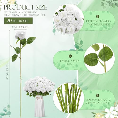 Hotop 20 Pcs Artificial Rose Flowers with Long Stem,Real Lifelike Silk Realistic Plastic Bouquet Roses Bulk for Home Decor Bridal Wedding Party Table Centerpieces Decorations(Pure White) - color: Pure White