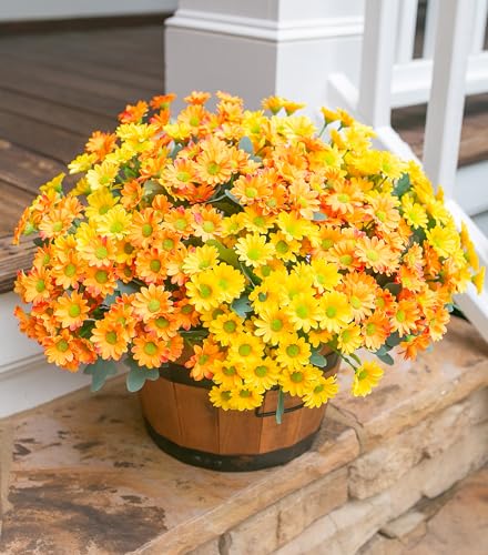 Daisy Artificial Flowers for Outdoors Decoration, 6 Bundles Fake Plants Flowers Bouquet Faux Flowers for Outdoor Planter Look Real UV Resistant Silk Flowers for Outside Front Door Porch Patio, Mix - color: Mixed Colors(3 Yellow, 3 Orange)