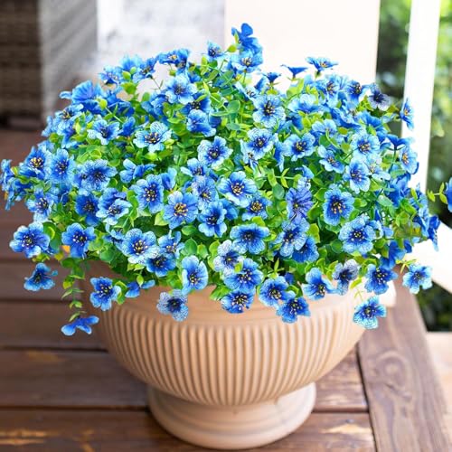 HyeFlora Artificial Flowers for Outdoor Indoor Garden Home Decoration, Faux Flower Daisy with Eucalyptus Leaves Fake Plants Greenery Boxwood Porch Patio, 12 Bundles (Blue) - color: Blue