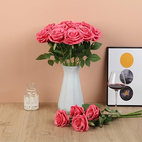 15pcs Fake Roses Artificial Silk Flowers Faux Rose Flower Long Stems Bouquet for Arrangement Wedding Centerpiece Party Home Kitchen Decor - color: 15pcs Barbie Pink