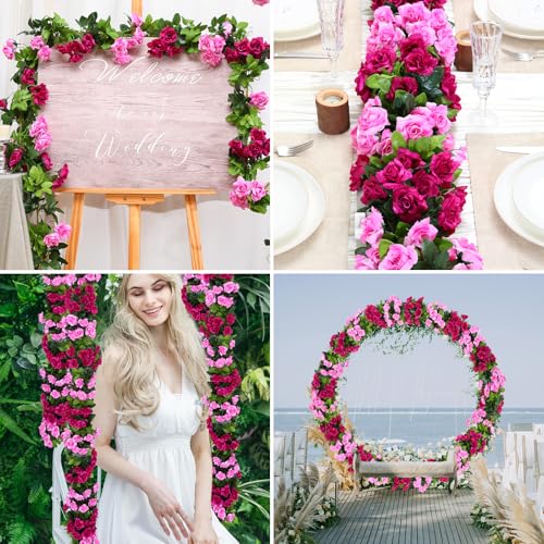 Floweroyal 6 Pack Artificial Flower Garlands 15.8FT Fake Rose Vines Silk Flowers Hanging Rose Ivy for Wedding Arch Party Home Garden Wall Decor (Fuchsia) - color: Fuchsia, size: 6pcs