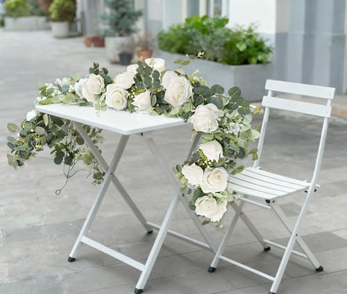 Artificial Eucalyptus Flower Garland with White Roses, Fake Rose Flower Vine, Faux Floral Greenery Garland for Table Centerpiece Wedding Home Party Wall Arch Decor