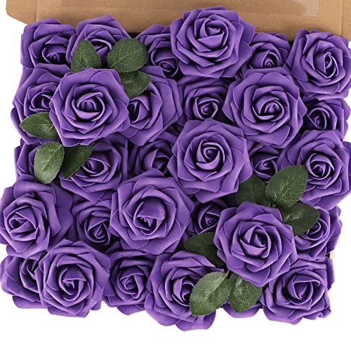 MACTING Purple Artificial Flowers 30PCS Fake Roses with Stem Real Touch Soft Foam Roses for Mothers Day DIY Wedding Bouquet Table Centerpieces Party Bridal Shower Home Summer Decorations - color: Purple-1, size: 30PCS