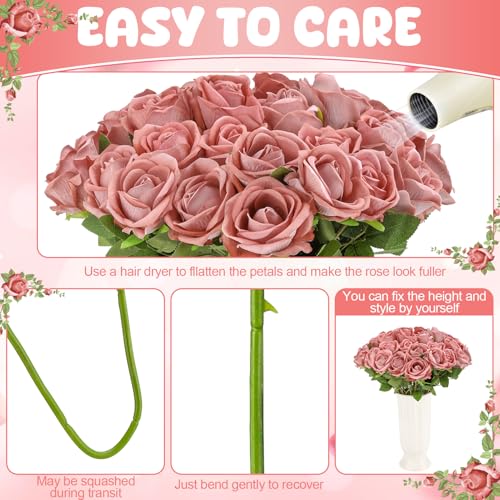 36 Pcs Velvet Silk Dusty Pink Rose Bouquet Bridal Artificial Flowers,Fake Rose Long Stem Realistic Flowers Bulk for Wedding Bouquet Ball Arrangement Centerpiece Party Decor - color: Dusty Pink