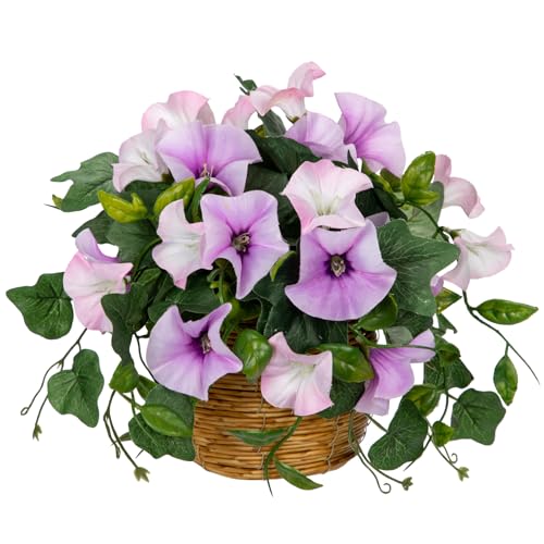 Briful Artificial Flower Arrangements for Tables Fake Potted Morning Glory Silk Flowers with Rattan Basket Faux Floral Centerpiece for Home Office Bedroom Wedding Party Decor(White Purple) - color: White Purple