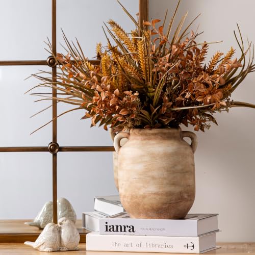 Ceramic Flower Vase Home Decor - 7.6 Inch Farmhouse Rustic White Table Vases with Handle Living Room Decoration Decorative Vintage Pottery for Kitchen Shelf Coffee Dining Desk Bookshelf Fireplace - color: A-7.6" Rust