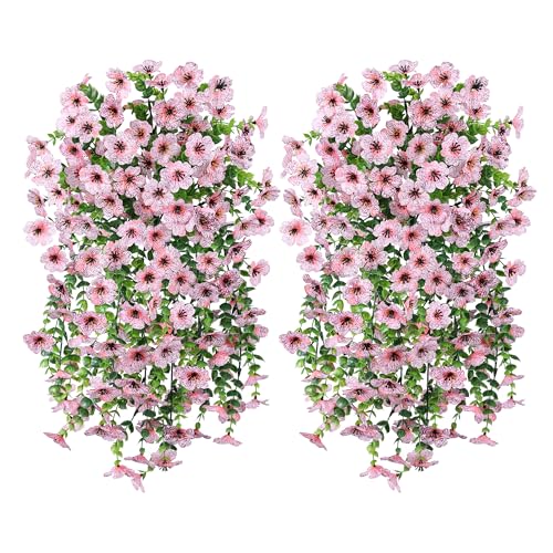 INSPRING Artificial Faux Outdoor Outside Flowers Plants, 2 PCS Fake Silk UV Resistant Look Real Pink Daisy Trailing Vines for Front Door Porch Planter Urn Patio Balcony Decoration - color: Pink